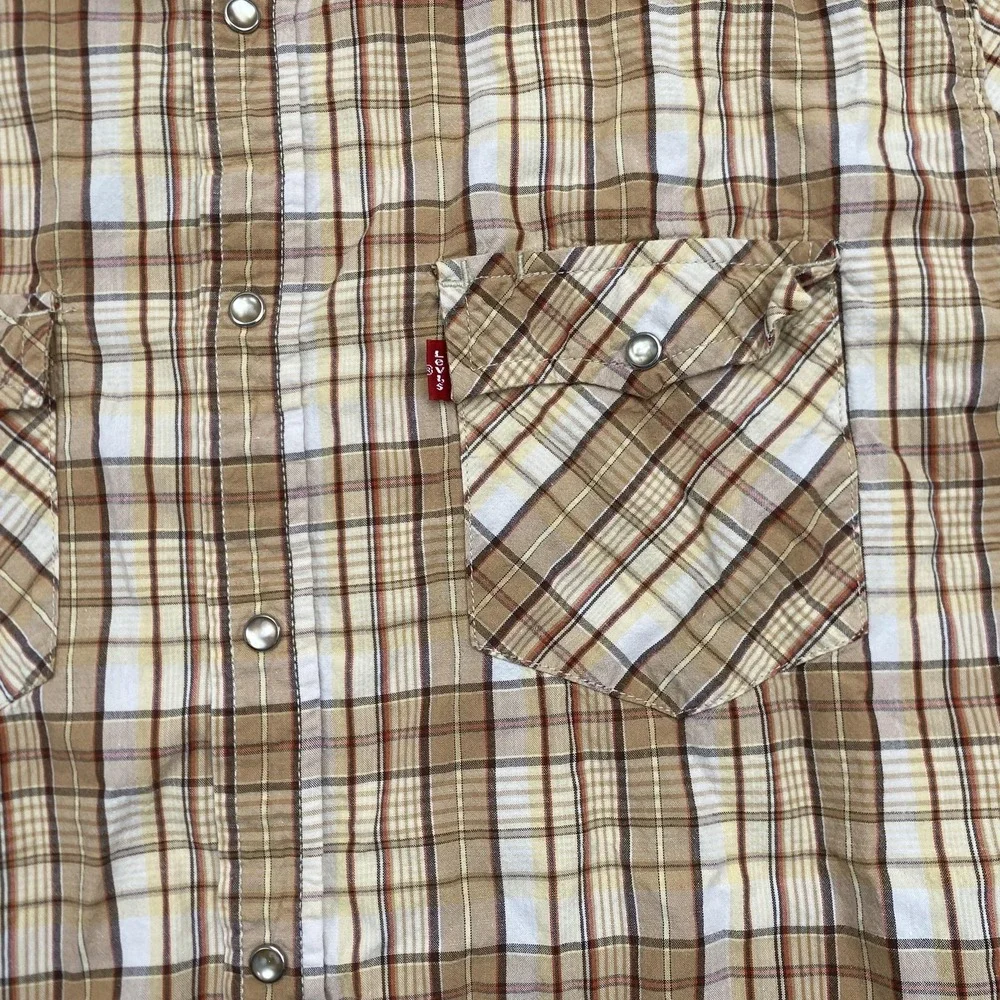 Levi's Shirt Mens Large Beige Plaid Western Pearl Snap Short Sleeve Casual